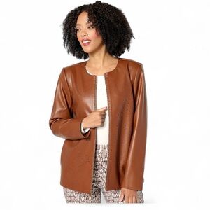 QVC NWOT Susan Graver Faux Leather Jacket w/ Laser Cut Detail Cognac Size MP